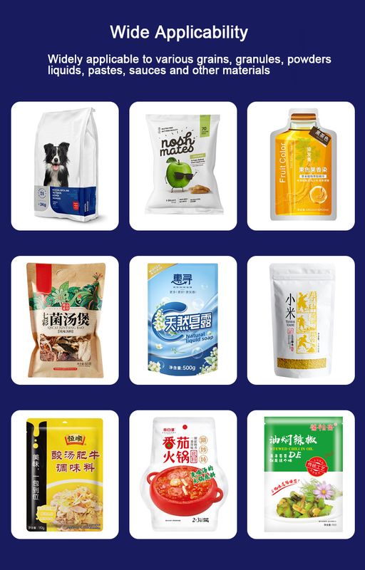 Macchina automatica per l'imballaggio di sacchetti di granuli Multifunzione Sacchetto a cerniera prefabbricato per alimenti per animali domestici Alimenti per gatti Alimenti per cani