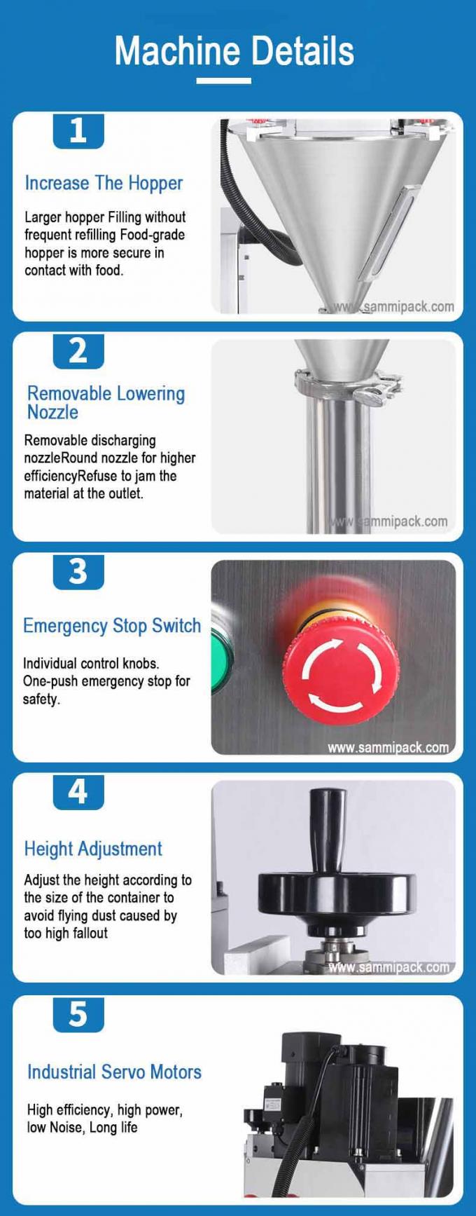 Macchina di riempimento di polvere semiautomatica a propulsione elettrica per sacchetti di bottiglia 8
